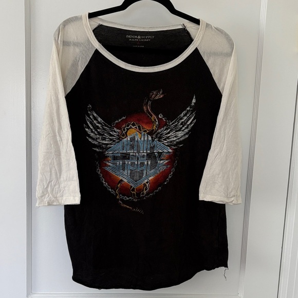 Denim & Supply Ralph Lauren Tops - Denim & Supply Ralph Lauren Black Tee with Cream Raglan Sleeves and Graphic